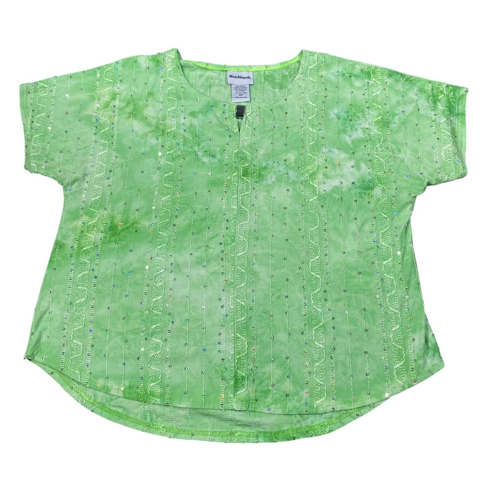 Bon Worth Womens Top Size MP Green Ombre Embroidered Sequins Short Sleeve Y2K